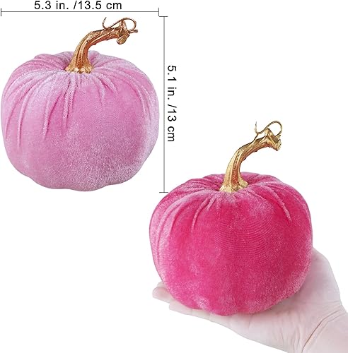 Miniatura 2 de Winlyn 4 calabazas decorativas de terciopelo rosa sintético de 5 pulgadas para regalos de otoño, boda, baby shower, Acción de Gracias, Halloween,