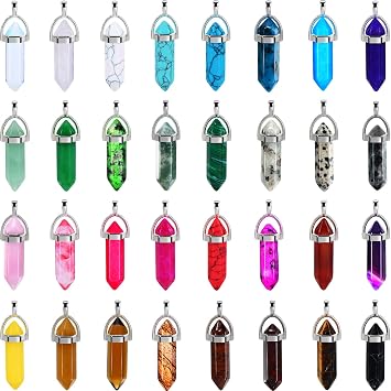 EBOOT Bullet Shape Gemstone Pendant Hexagonal Chakra Crystal Pointed Quartz Pendants Artificial Stone with Storage Bag 32 Pieces