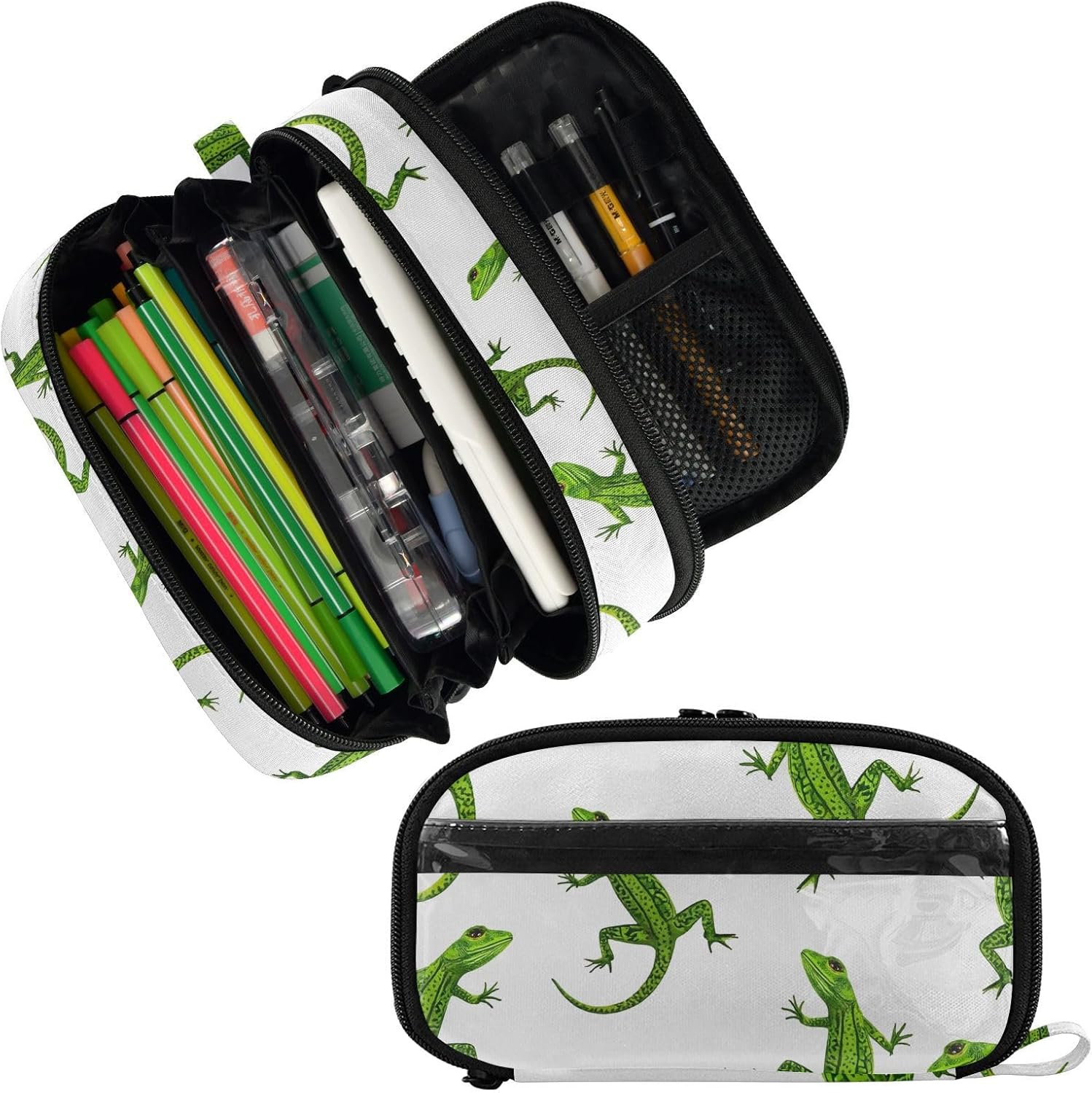 ALAZA Green Lizard Pattern Large Capacity Pencil Case, Aesthetic Stationery Organizer Bag with Clear PVC Window, High Capacity Pen Pouch with Dividers for School Office Travel image 2