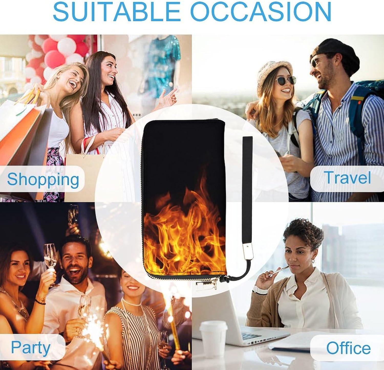 Burning Fire Flame on Black Portable Long Handheld Wallet, Large Capacity Wallet
