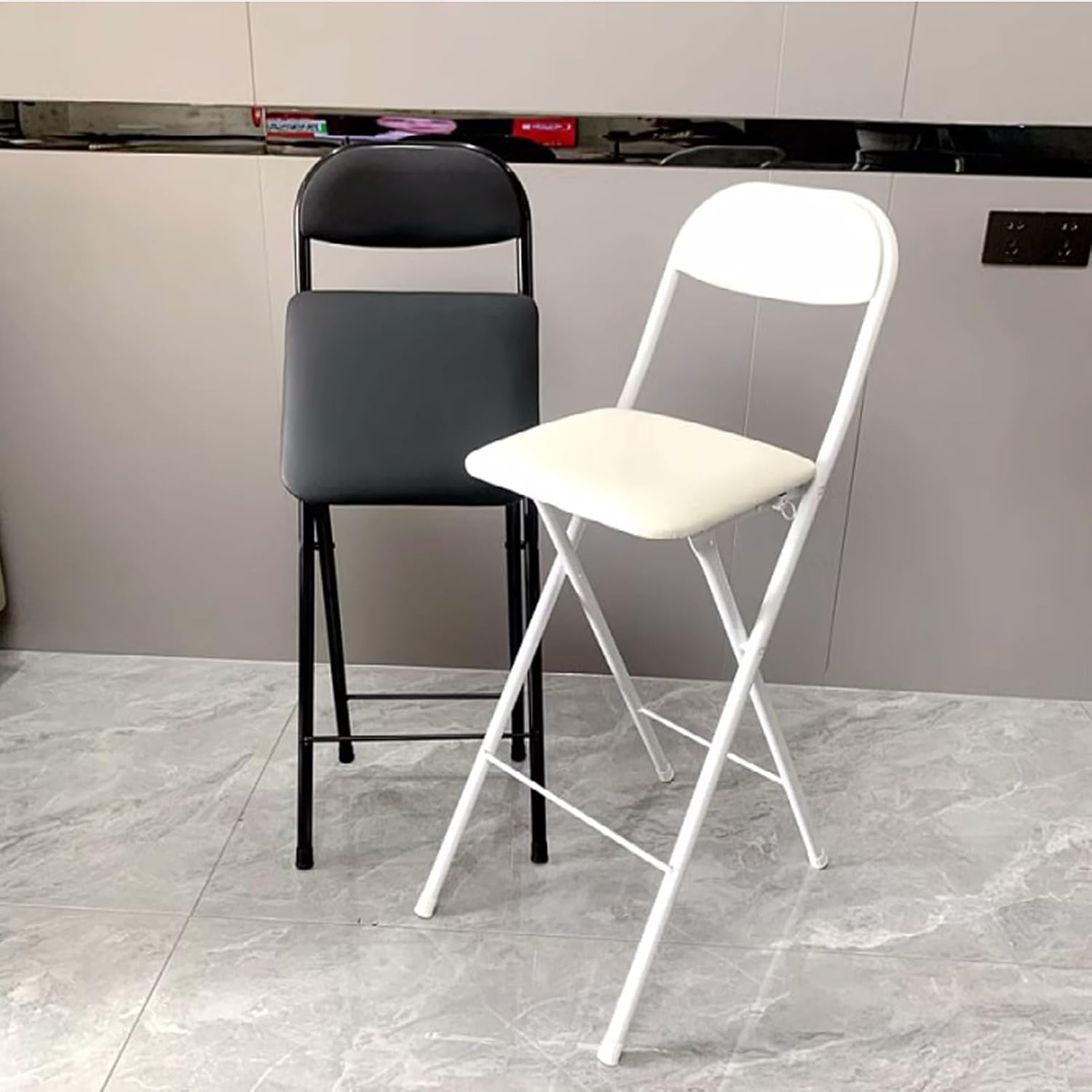 Folding Stool with Backrest, PU Padded Height Foldable Stool, Portable Tall Breakfast High Chair for Outdoor Kitchen Shop Cafe (Size : 60cm/24inch) (One Color 65cm/26inch)