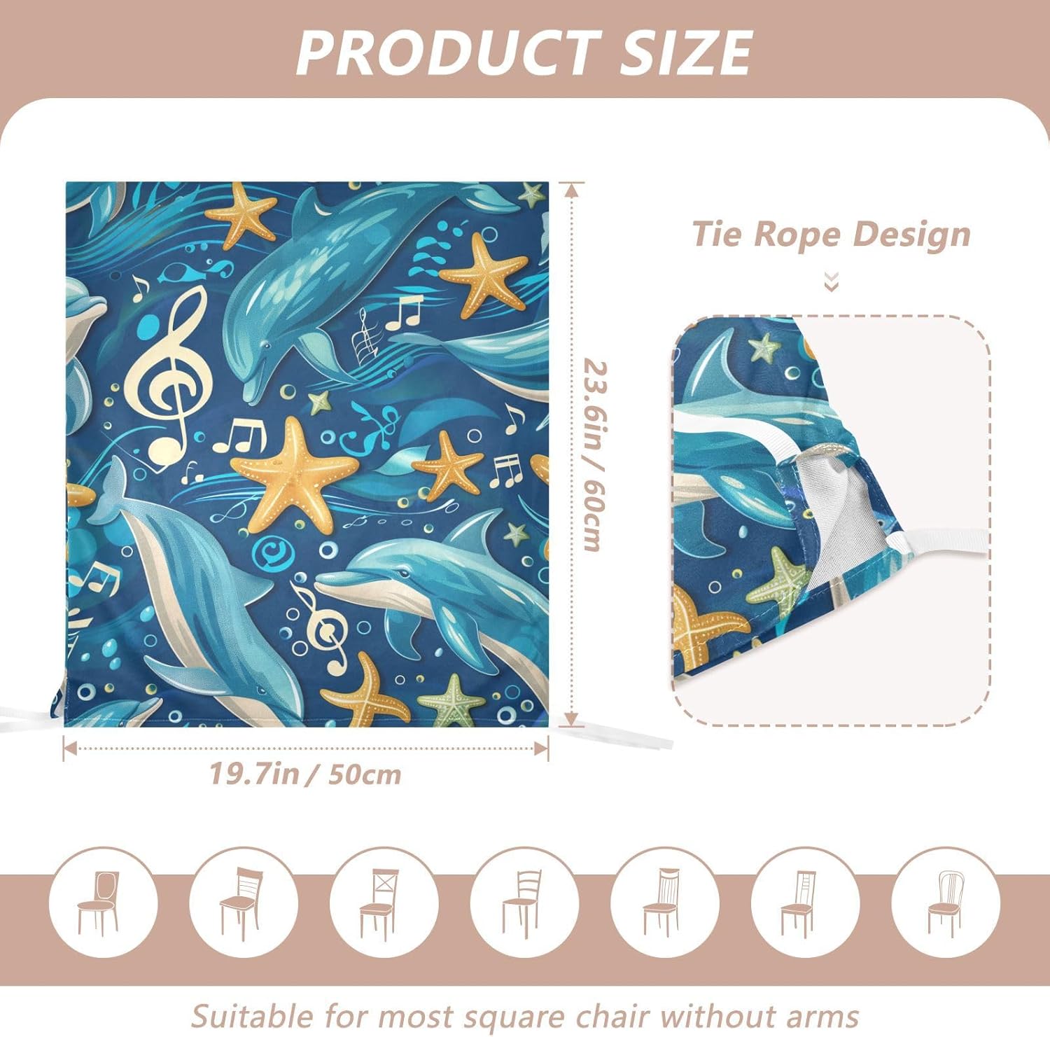 ALAZA Dolphins Starfish Music Notes Chair Back Cover Set of 6, Washable Reusable Removable Chair Slipcovers Decorative Chair Cover for Home Kitchen Wedding Party