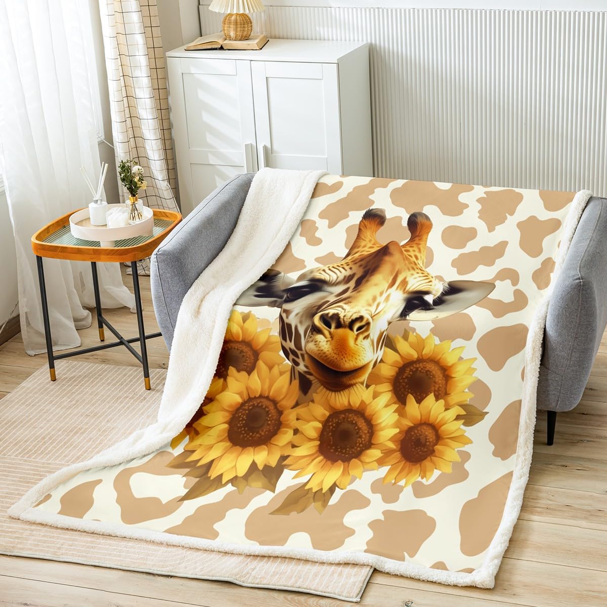 Cartoon Animals Fleece Blanket,Sunflower Yellow Leopard Print Bed Blanket for Kids Teens,Giraffe Flannel Blanket for Room Decor,Queen 90"x90"