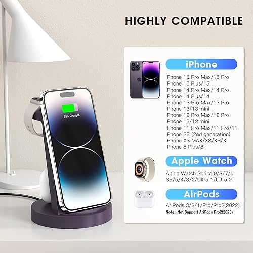 Miniatura 5 de Estación de carga 3 en 1 para iPhone, cargador inalámbrico para productos Apple, múltiples dispositivos, soporte de carga para AirPods (para iPhone
