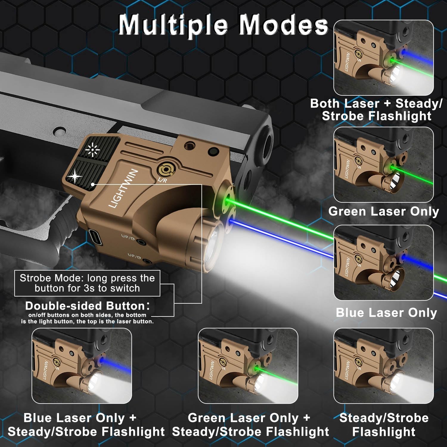 Red Green Blue Purple Laser Beams with 800 Lumens Flashlight for Pistols, 3 in1 Laser Light Combo, Tactical USB Rechargeable Laser Sight, Strobe & Steady Flashlight for Picatinny Rail