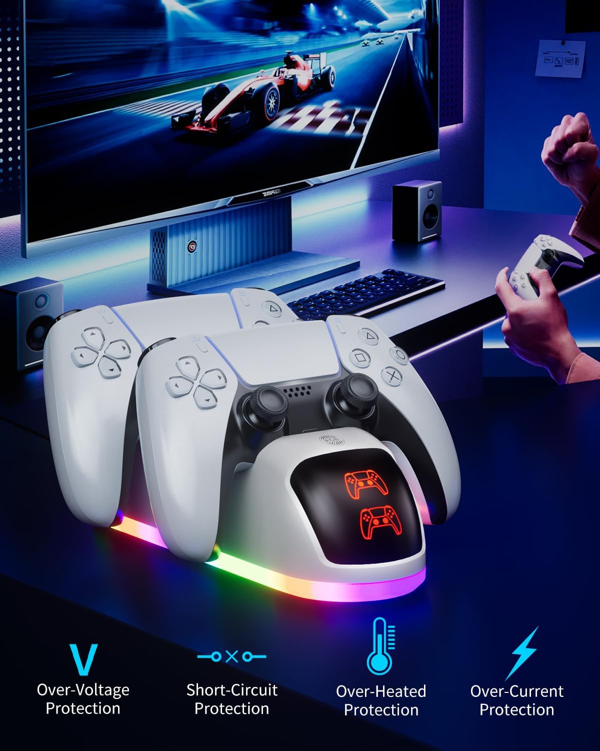 PS5 Controller Charger Station,Upgrade Version with 10 LED Mode & RGB Button, Safe Fast Charging and Overcharge Protection Dock for Dualsense PlayStation 5 Controllers 8 71da2ohAQeL. AC SL1500