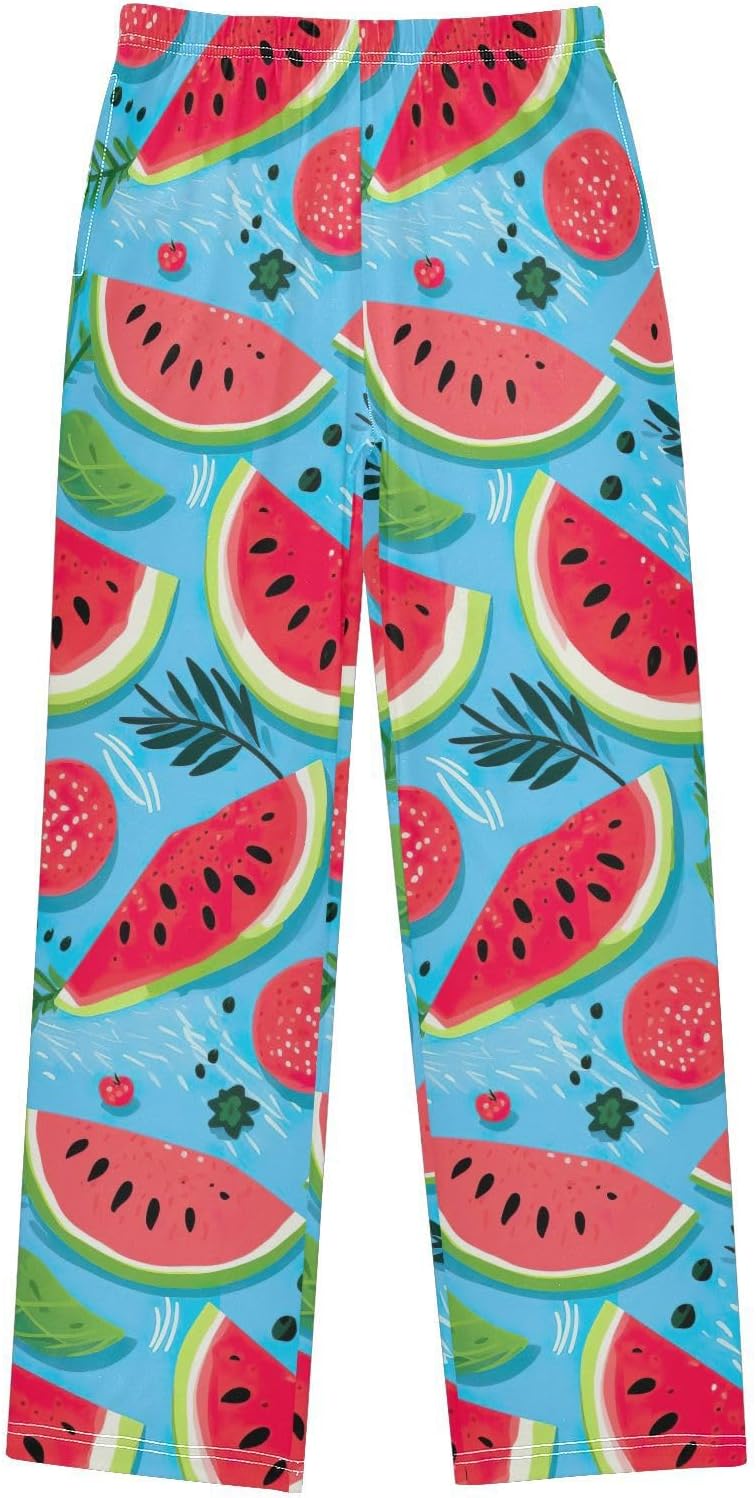 Cartoon Watermelons Leaves Pajama Lounge Pants Long Pajama Bottoms with Pockets Elastic Waist for Christmas