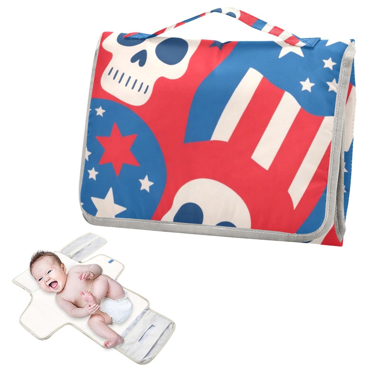 4th of July Independence Day White Skull Reusable Diaper Change pad with Tissue Pocket Portable Changing pad for Baby Infant Travel Station Kit cambiador de pa?ales para Bebes
