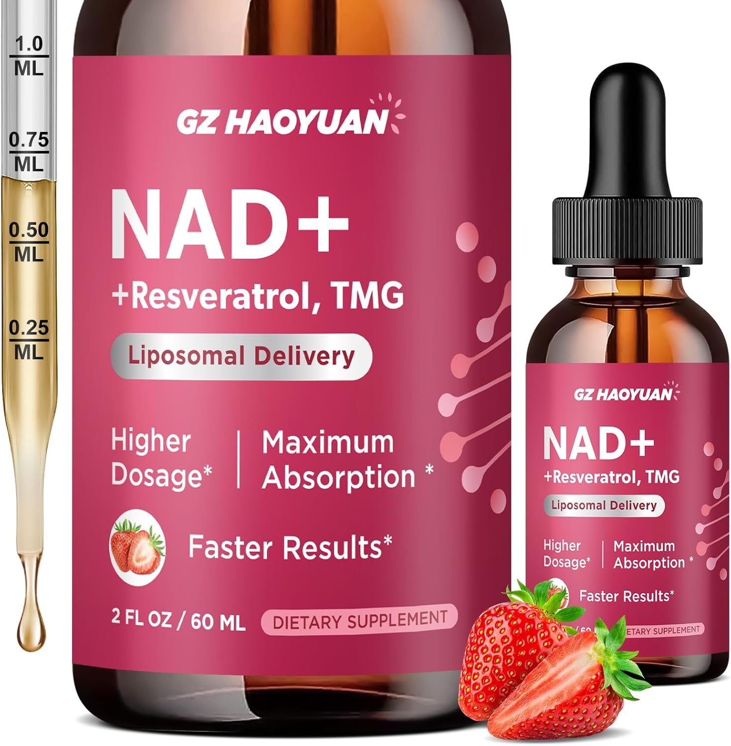 NAD Liquid Supplement for Women, Liposomal NAD+ Drops 1200MG with NAD Plus Resveratrol, Tmg, Quercetin, Anti-Aging, Cell Regeneration, Energy & Metabolism Support, Strawberry Flavor