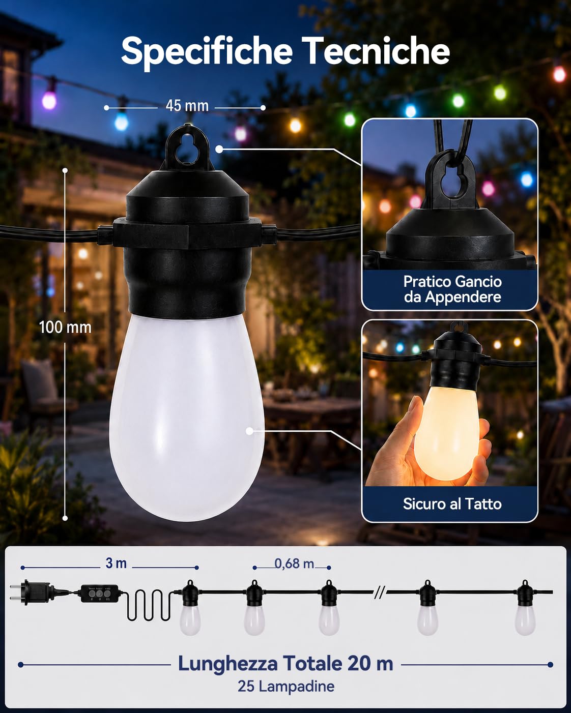 Meevt Catena Luminosa Esterno RGB 20M, Luci LED IP65 6V