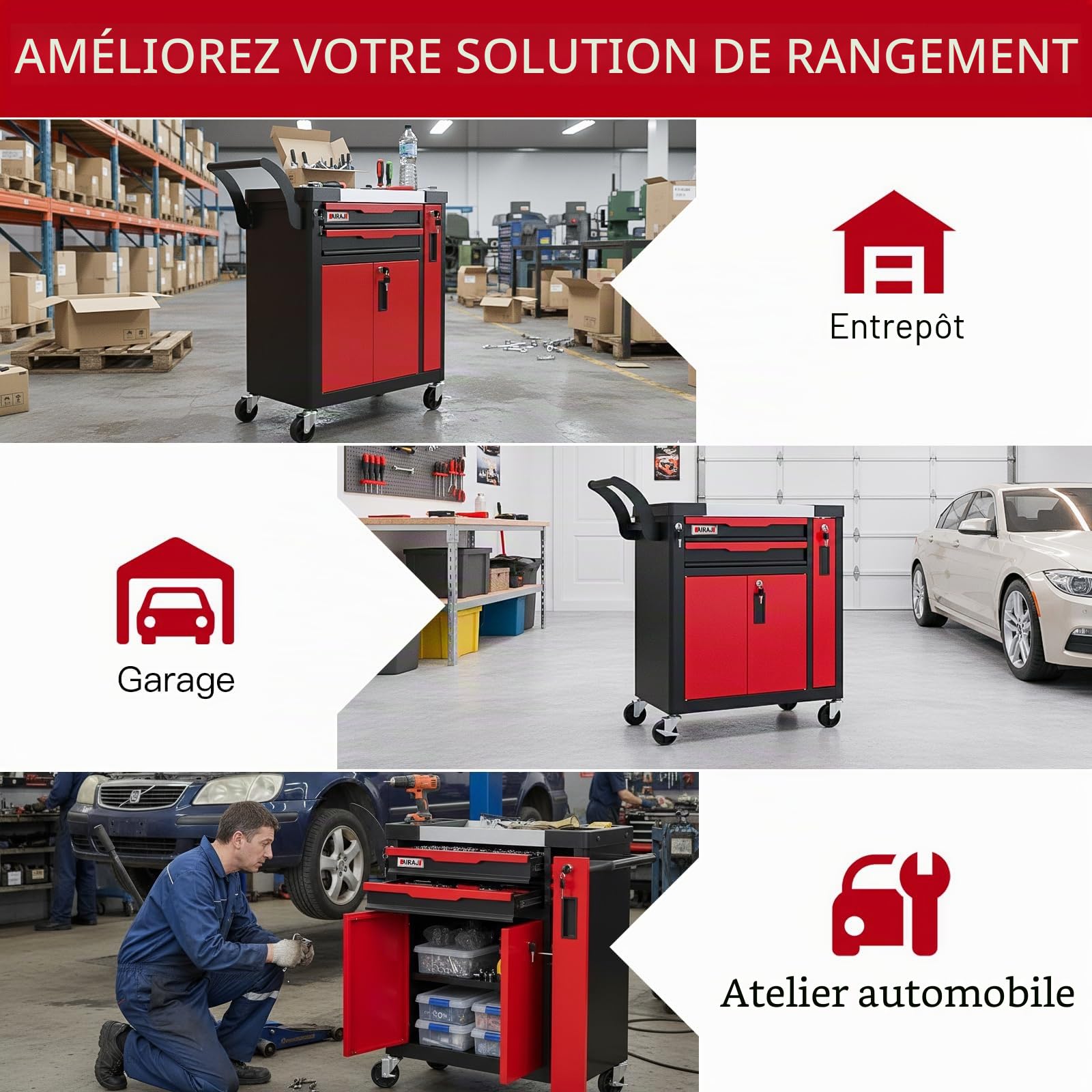AIRAJ Servante d'atelier,Chariot d'atelier à 2 Tiroirs Grande Capacité,Servante Atelier Roulant Multifonctionnel,avec Tiroir Latéral,Convient aux Garages, Entrepôts et Atelier