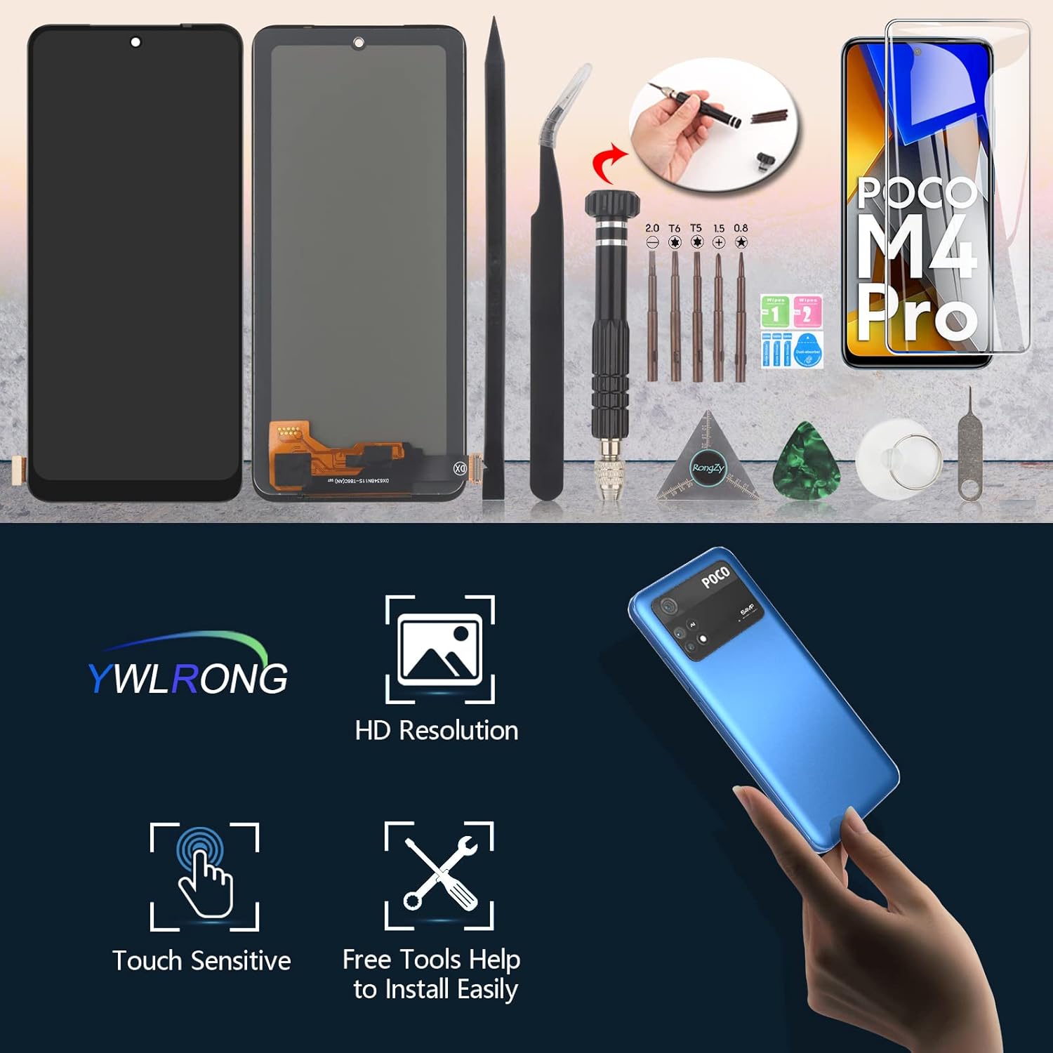 YWLRONG Display for Xiaomi Poco M4 Pro 4G Screen Replacement Touch LCD Display Digitizer Assembly for 2201117PI 2201117PG with Tool