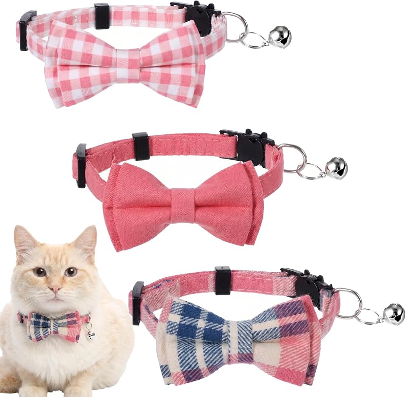 Coleira para Gatos com Laço Xadrez, Guizo e Fecho Breakaway Tucnoeu – Pacote com 3