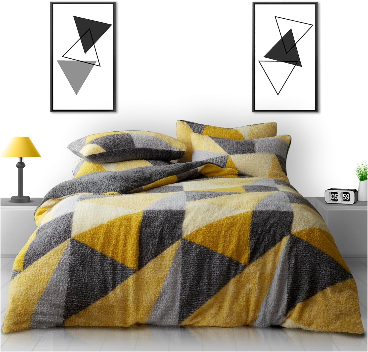 GC GAVENO CAVAILIA Teddy Duvet Cover Double - Fluffy Fleece Bedding Set - 100% Polyester Warm Cosy Duvet Cover Set - Ochre/Grey