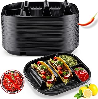 Baderke 40 Pack Disposable Plastic Taco Plates, PP Taco Holder Plates with 2 Dividers for Soft & Hard Shells for Tuesday, Parties, Picnics, Sturdy Trays for Soft and Hard Shell Tacos (Black)