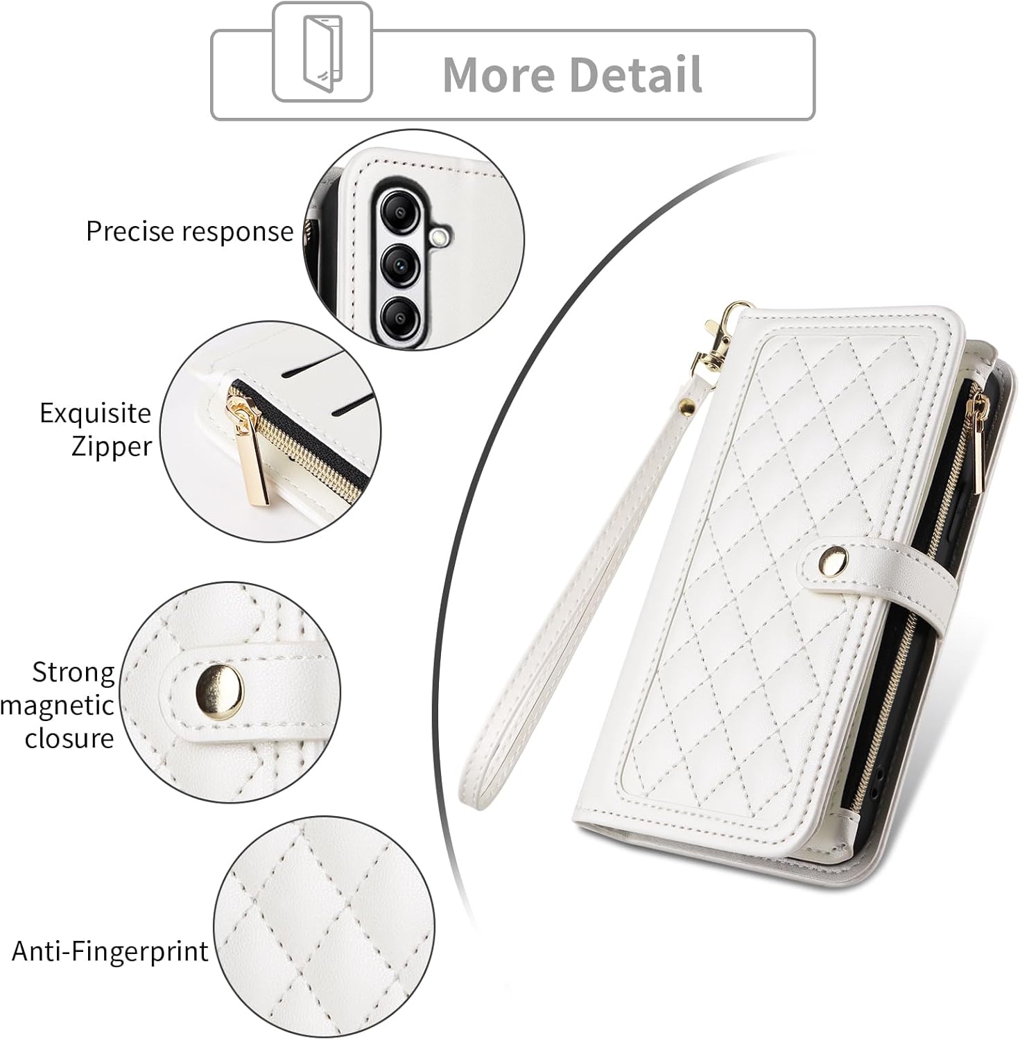 Dswteny Wallet Case for Samsung Galaxy S24/S25 5G with Wrist Strap Flip Zipper Credit Card Holder Soft Stand Accessories Argyle Pattern Phone Cover for S 24 24S 25 25S G5 SM-S931U Women Girls White - Image 5