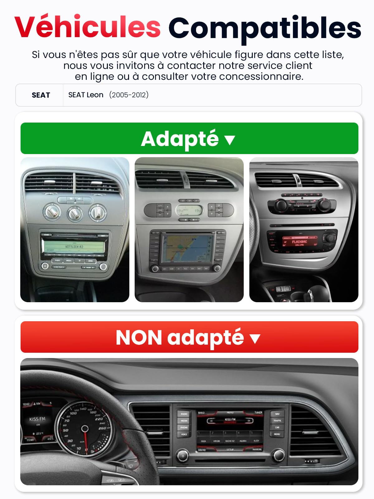 Autoradio Double DIN avec Écran pour Seat Leon (2005–2012), CarPlay et Android Auto sans Fil, Écran Tactile 7", 4 Go+64 Go, Bluetooth WiFi 5GHz Dab+ FM AUX GPS