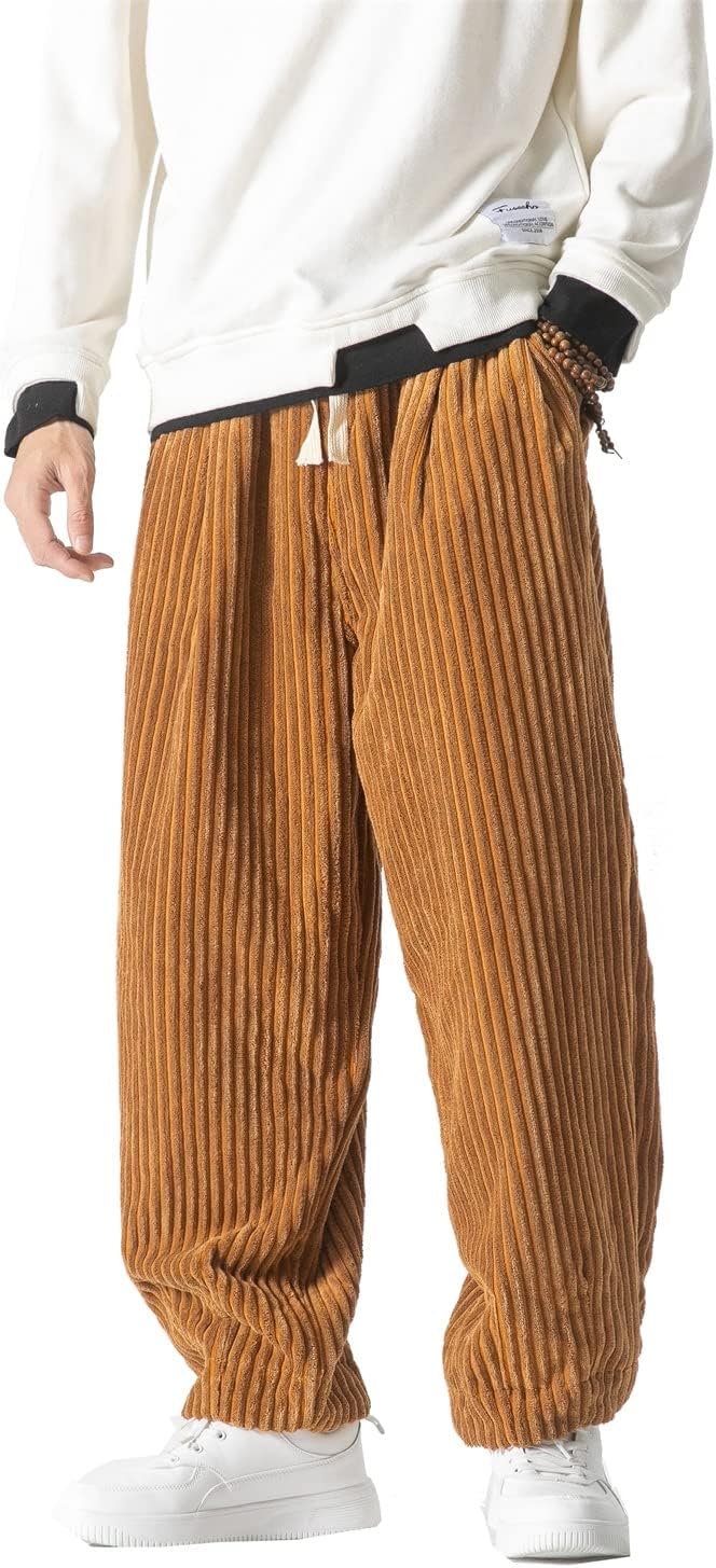 Seidarise Men's Corduroy Pants Straight Baggy Wide Leg Stretch Elastic Waist Drawstring Relaxed Fit Trousers Pant