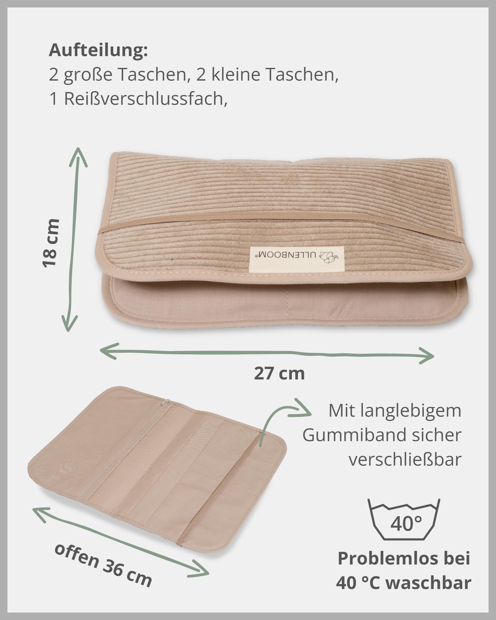 ULLENBOOM Windeltasche für unterwegs, Cord Sand, Made in EU - Wickeltasche für bis zu 3 Windeln, Feuchttücher & weiteres Zubehör, Ideal als Wickelorganiser für den Kinderwagen