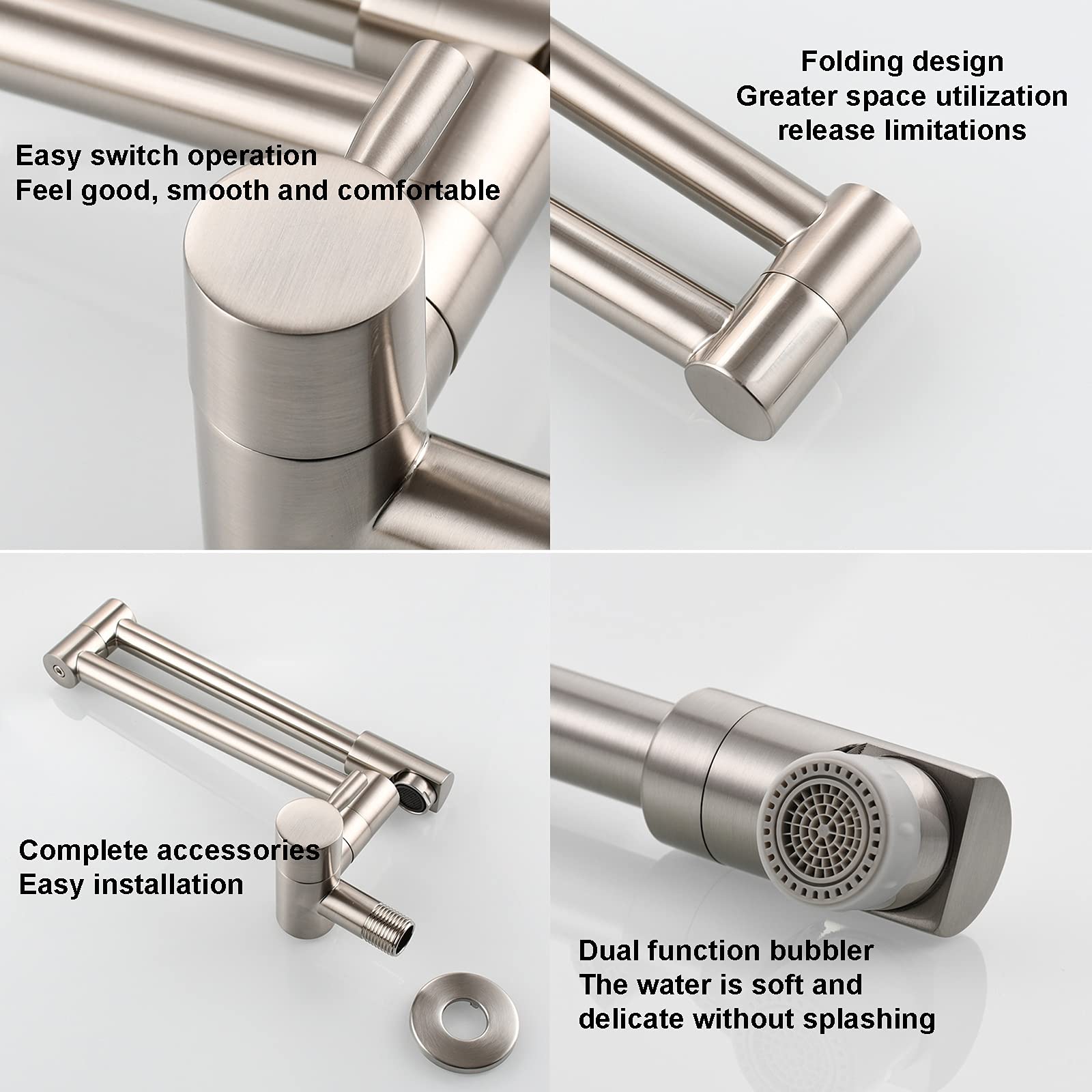 Grifo De Cocina, Latón Plegable Swing Spout Grifo De La Cocina Montaje En Pared Sola Manija Pot Filler Grifo, Grifo De Cocina Plegable Con Brazo Oscilante De Doble Articulación,Brushed