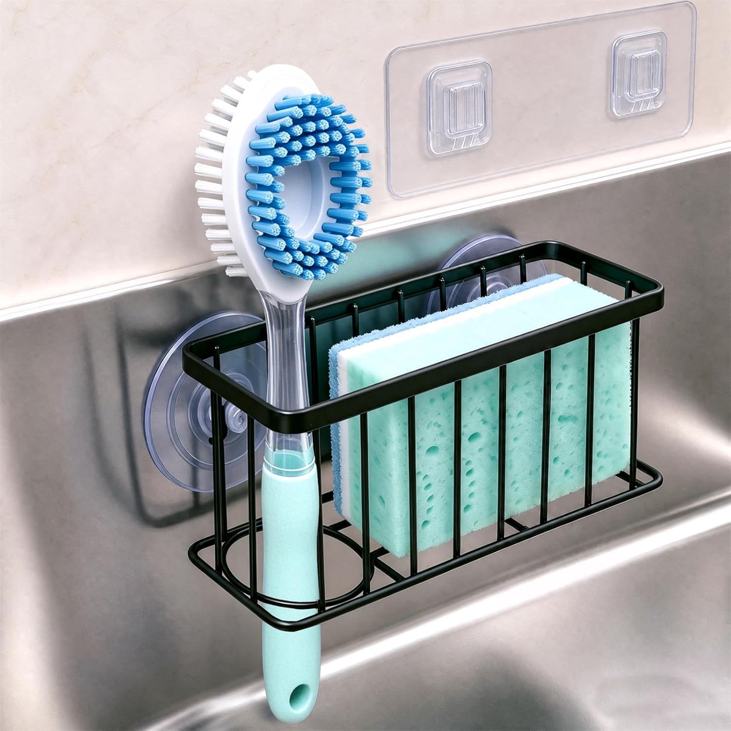 Vanwood Sponge Holder for Kitchen Sink with Strong Suction Cups/Adhesive Strips, Rustproof Compact Size Sink Caddy Organizer for Dish, Sponges, Scrapers, Stoppers (Black)