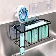 Vanwood Sponge Holder for Kitchen Sink with Strong Suction Cups/Adhesive Strips, Rustproof Compact Size Sink Caddy Organizer for Dish, Sponges, Scrapers, Stoppers (Black)