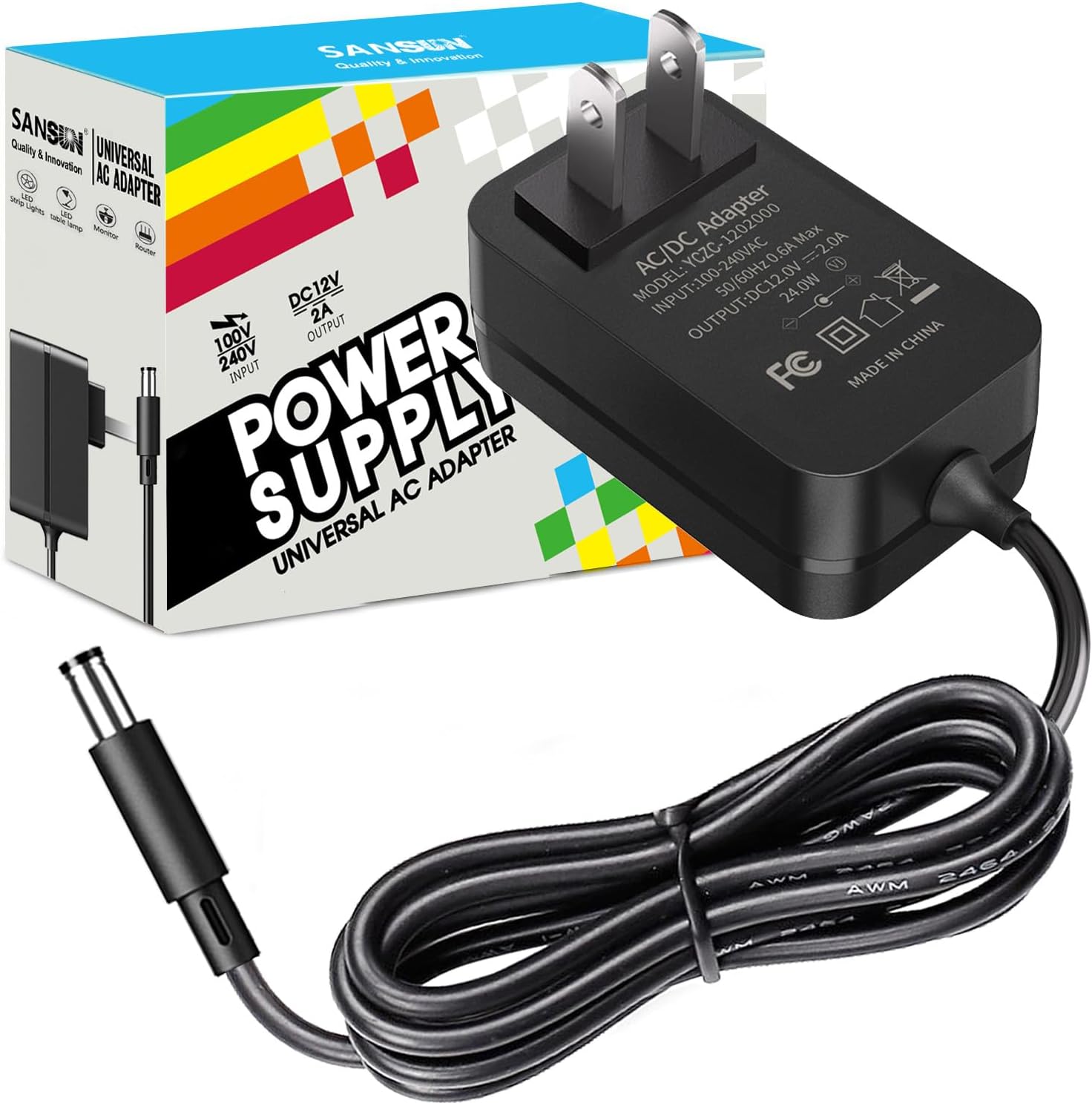 12V 2A Power Supply, AC 120V to DC12V 5.5x2.1mm Jack Converter, 12 Volt LED Driver 24W Adapter Transformer for Strip Lights, Surveillance Cameras, External HDD, Monitor, CCTV (Pack of 1)