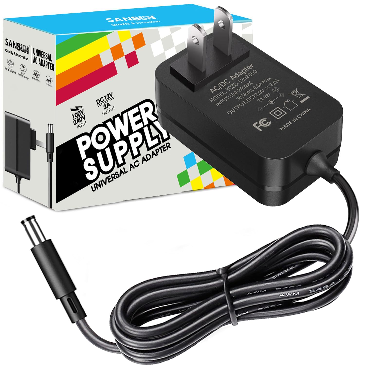 12V 2A Power Supply, AC 120V to DC12V 5.5x2.1mm Jack Converter, 12 Volt LED Driver 24W Adapter Transformer for Strip Lights, Surveillance Cameras, External HDD, Monitor, CCTV (Pack of 1)