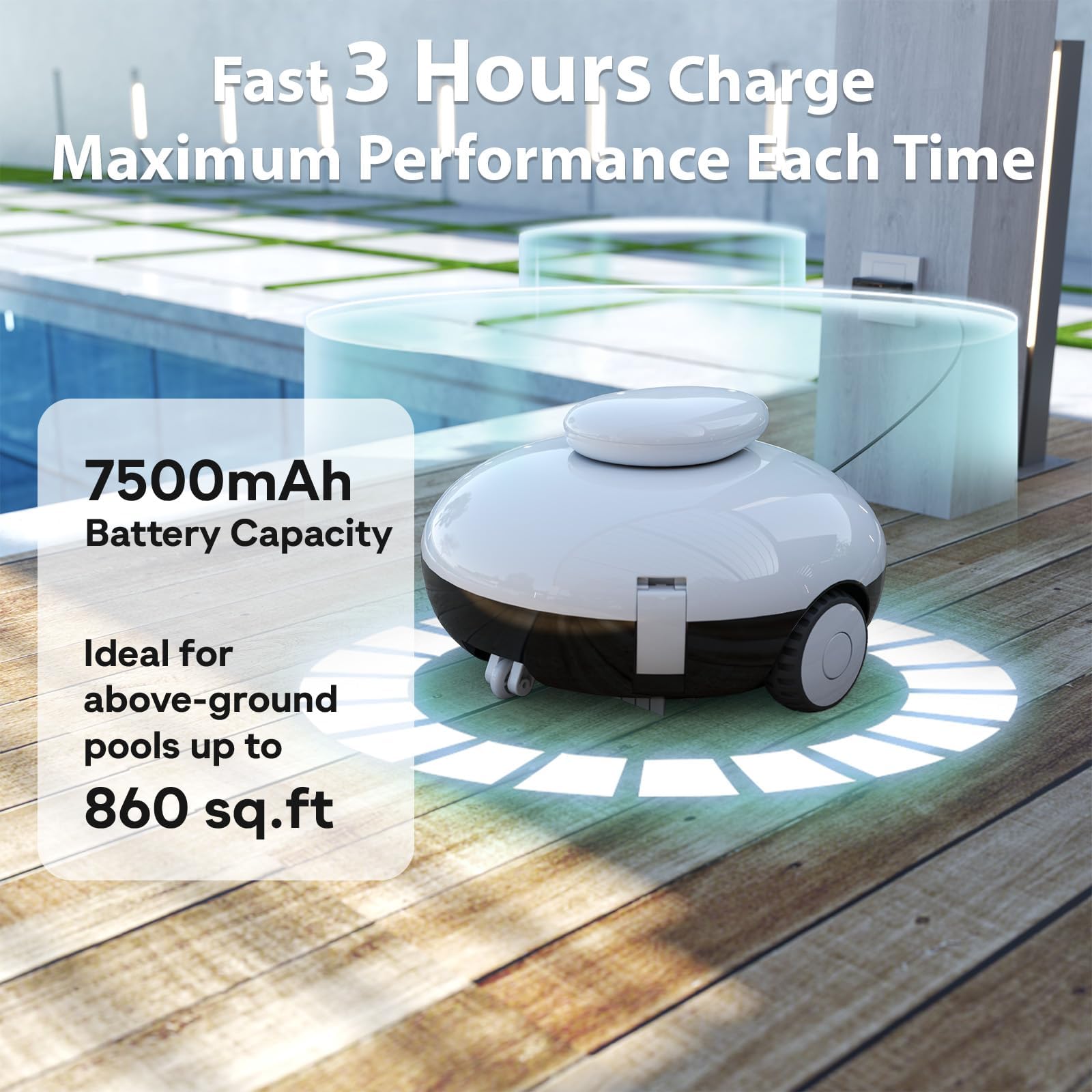 Robot aspirateur de piscine sans fil pour piscine hors sol | Filtration double couche, autonomie de 90 minutes, auto-stationnement, nettoyage jusqu'à 80 m²