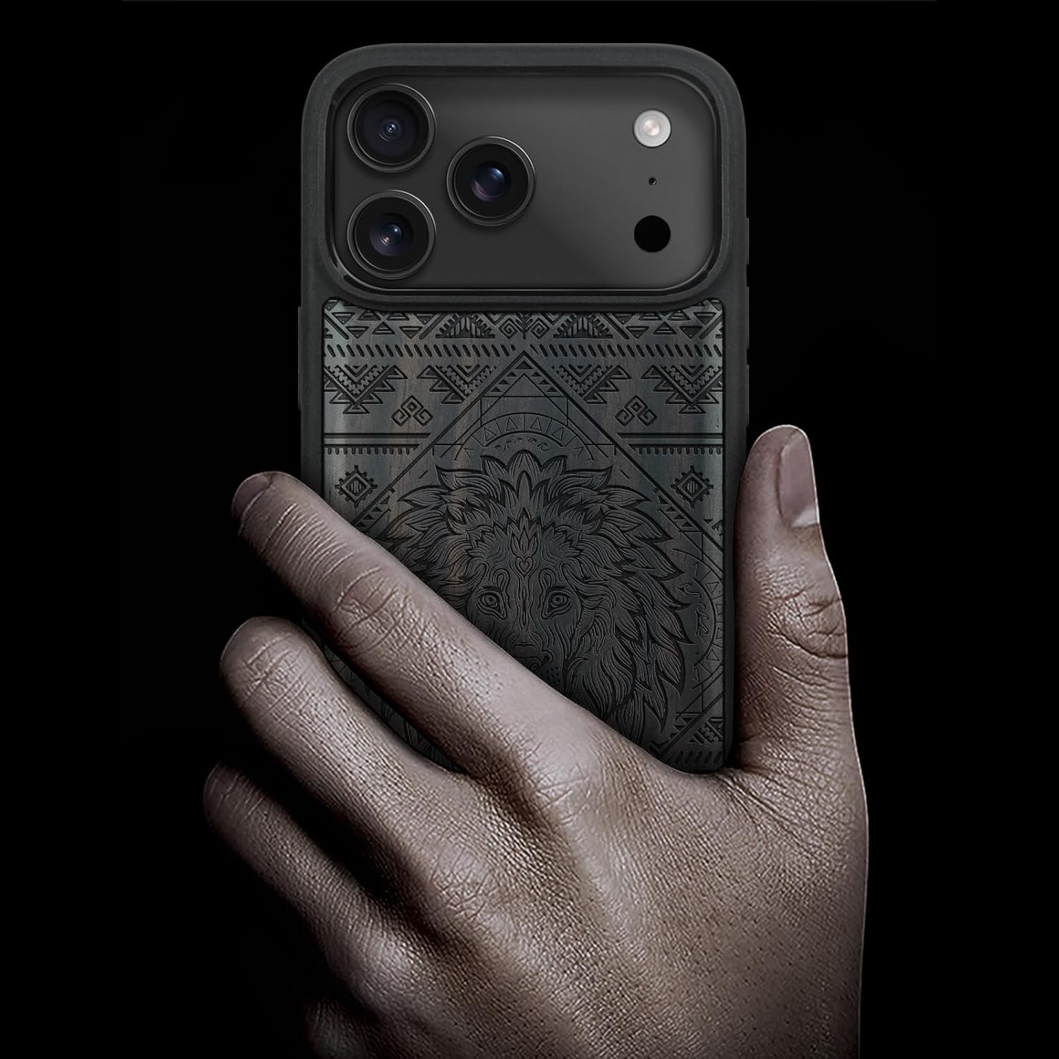 Carveit Magnetic Wooden Case for iPhone 17 Pro Max Case, Wood Artisan Engraved & Black Soft TPU Shockproof Cover, Compatible with MagSafe Wireless Chargers (Filigree Lion) Blackwood