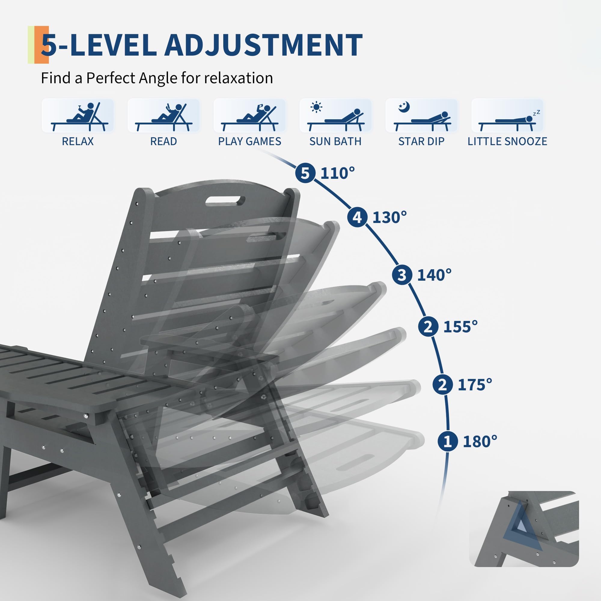 Garvee 2er Set Sonnenliege Gartenliege wetterfest aus HDPE, 5-Stufen verstellbare Rückenlehne, Relaxliege mit Getränkehalter, Belastbar bis 204kg, UV-beständig, Wartungsfrei, Grau