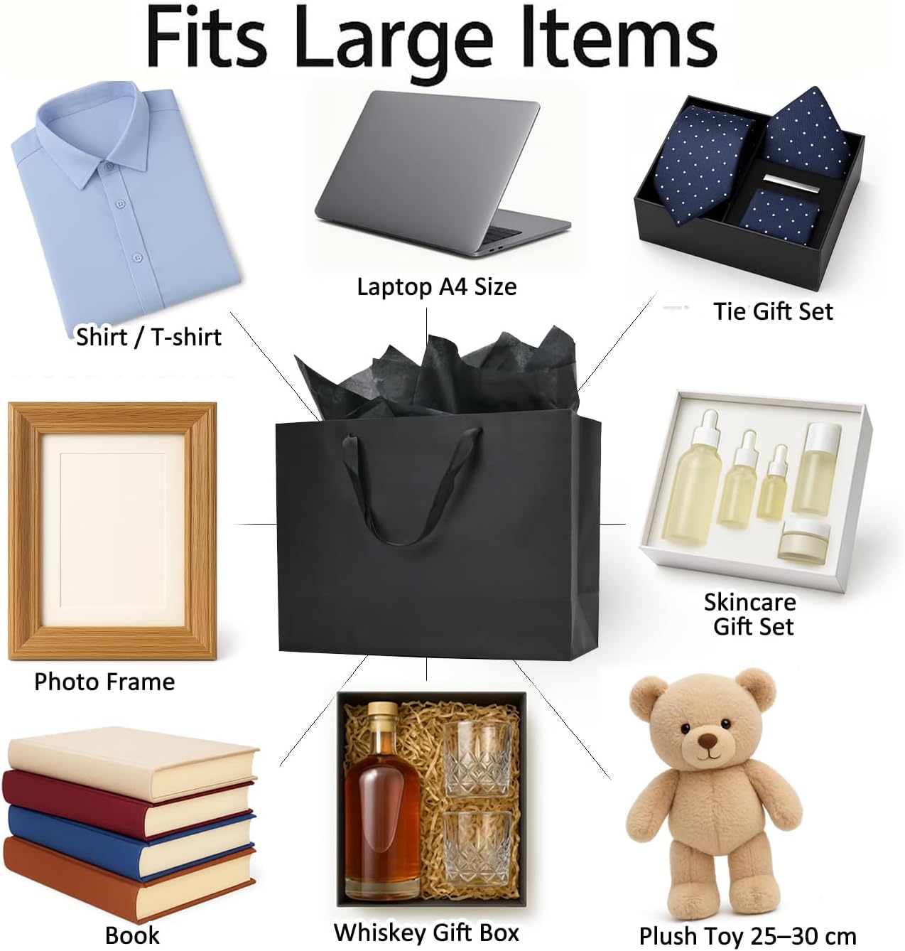 Papertide Thoughtful Large Gift Bag – 20 Pack 16x6x12 Inch Black Bags with Tissue, Reusable & Extra Sturdy for Clothing, Shoes, Wine & Bulk Gifting