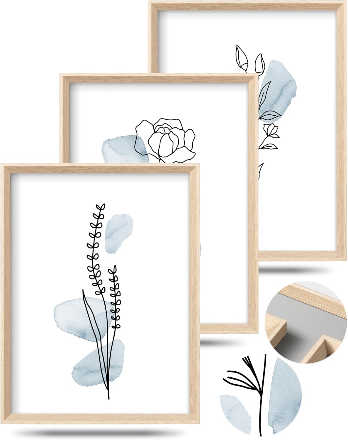 HesenDot Framed Blue Floral Canvas Wall Art,Minimalist Botanical Wall Art Decor,12x16IN Wood High Framed Prints,Boho Flowers Artworks Prints Posters for Living Room,Kitchen,Bedroom Set of 3