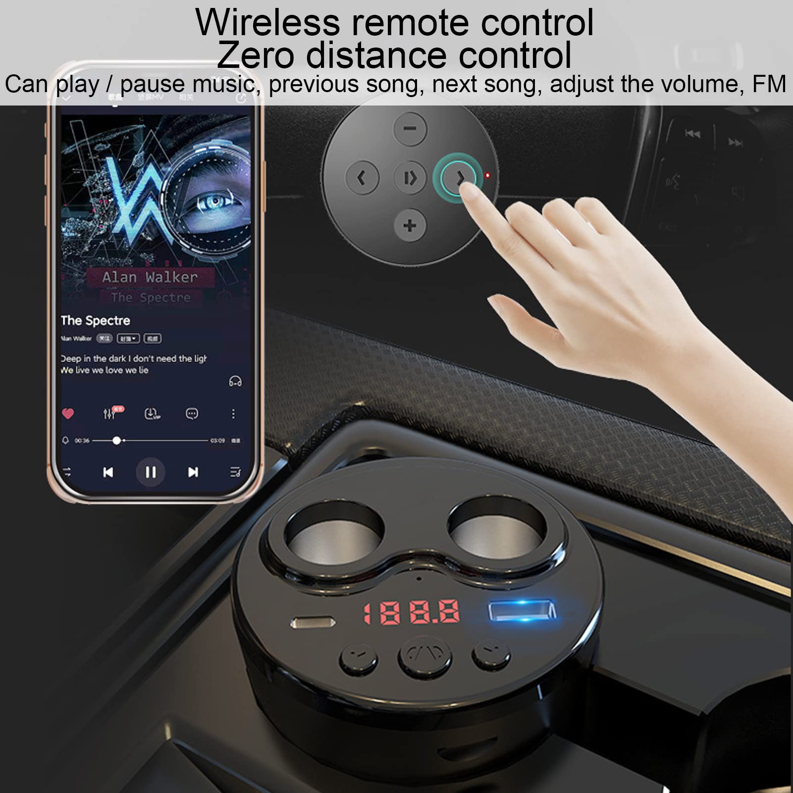 Splitter Accendisigari Doppio USB per Caricabatteria da Auto, Adattatore per Accendisigari Bluetooth a 2 Prese da 100 W, Supporto Radio FM, Disco U, Chiamate in Vivavoce, 12‑24 V(Con telecomando)