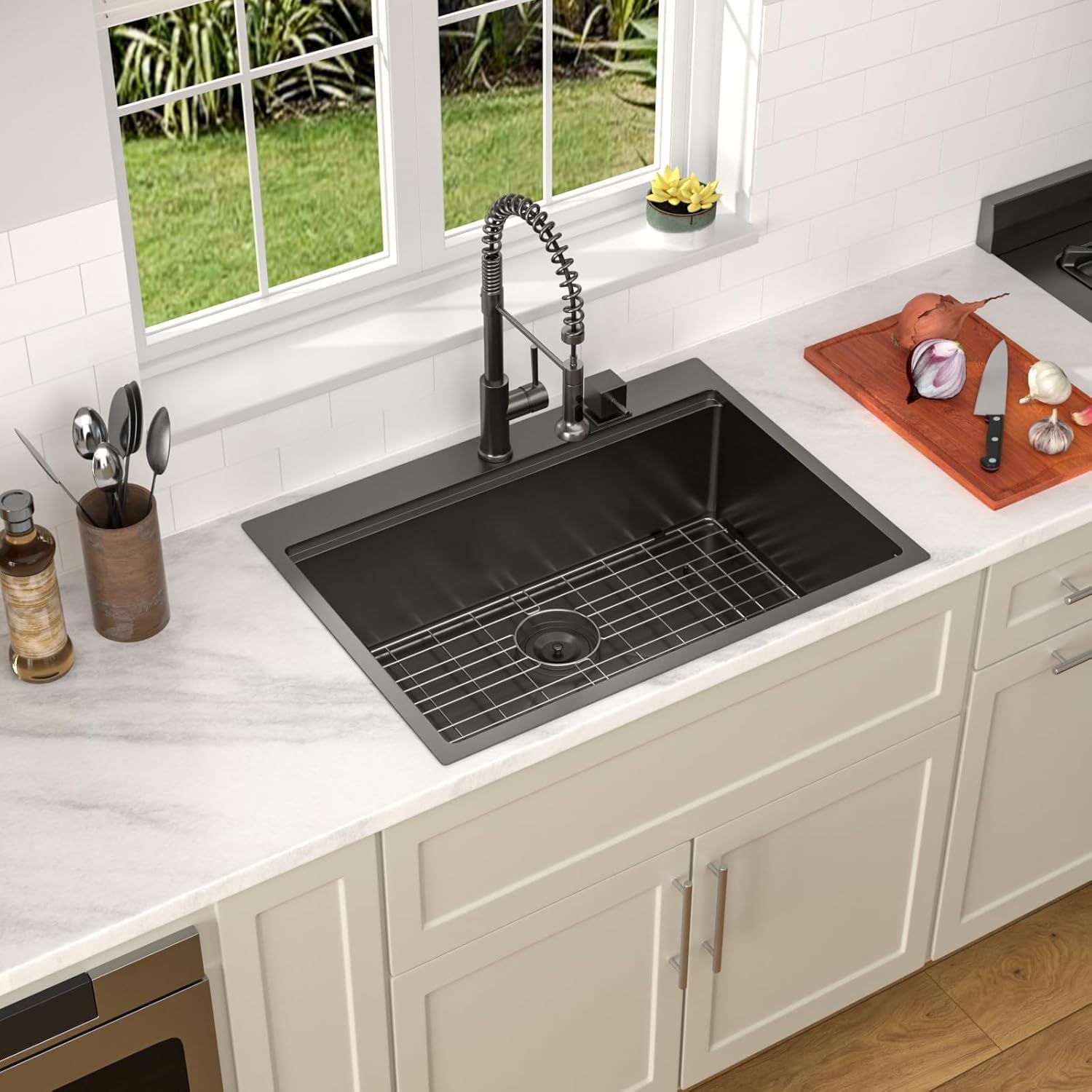 Dcolora 28 Inch Black Kitchen Sink Drop In, Nano-PVD Black Stainless Steel Workstation Sink Single Bowl Topmount with Accessories All-In-One, #DC-T8862 28"x22"x10"
