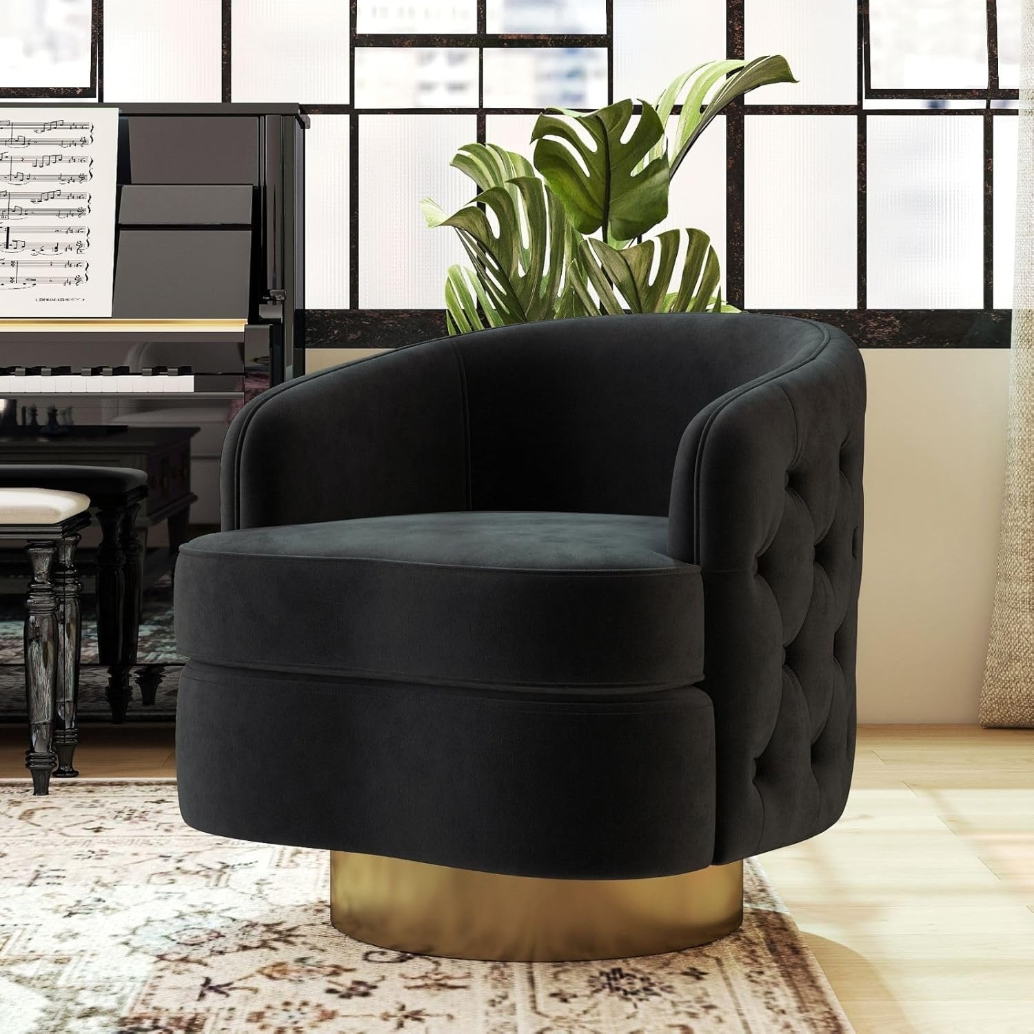 Black Modern Accent Chair, Swivel Barrel Armchair for Living Room, Button Tufted Velvet Comfy Chairs, Round Upholstered Single Sofa Seating with Gold Base