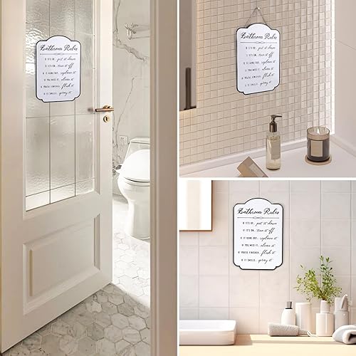 Miniatura 6 de LIVDUCOT Letrero de metal con reglas de baño, divertida decoración de pared de baño de invitados, perfecto para decoración de medio baño, esmalte