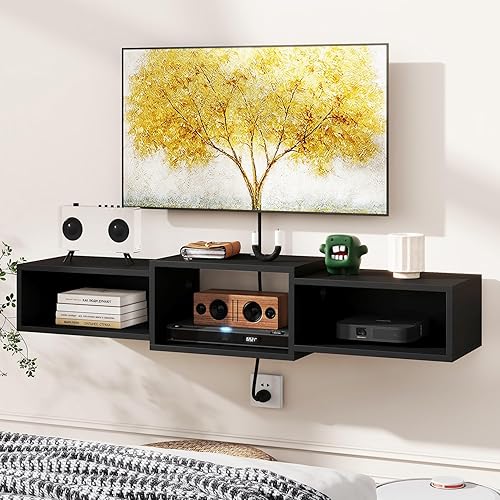 Miniatura 8 de IBUYKE Soporte flotante para TV montado en la pared con toma de corriente, moderno estante de consola de madera montado en la pared, centro de