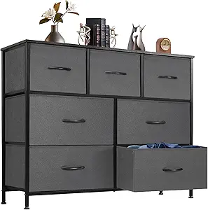 Dresser for Bedroom with 7 Drawers, Storage Organizer Units Furniture, Chest Tower TV Stand with Fabric Bins, Metal Frame, Wooden Top for Nursery, Living Room, Kidsroom, Closet, Black