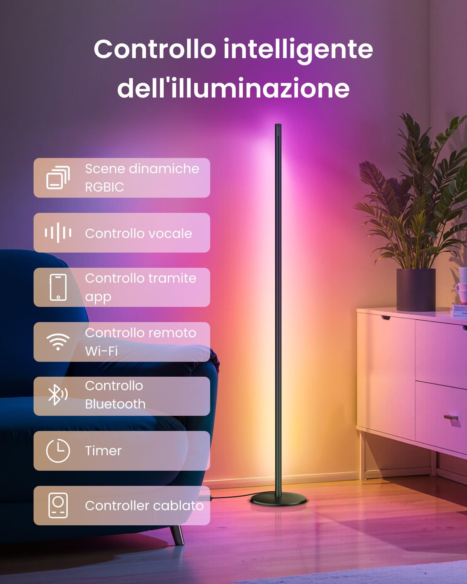 SwitchBot Matter RGBICWW Lampada da Terra, Luce Calda/Fredda, Piantana Lampada da Terra LED funziona con Apple Home, Alexa, Google Home, 16 Mln Colori, Sincronizzazione Musicale, Modalità Scen