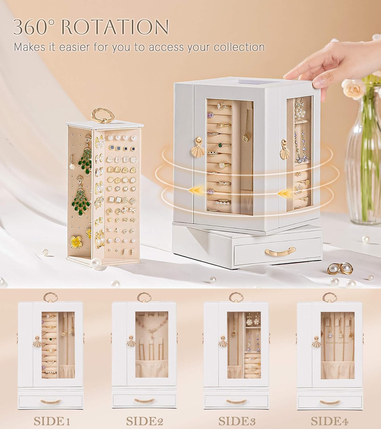 Jewelry Box large for Dresser: Women Necklace Ring Storage Organizer with Compartments - Elegant Earring Holder Display (White) - Image 3