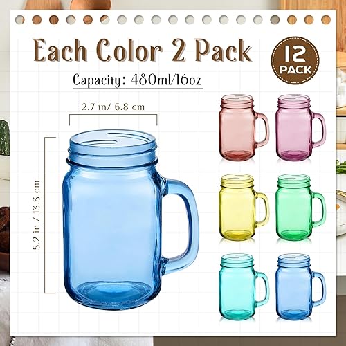 Miniatura 2 de 12 tarros Mason de colores de 16 onzas con asa, vasos para beber bebidas frías, decoración de almacenamiento, recuerdos de fiesta, cócteles, 6