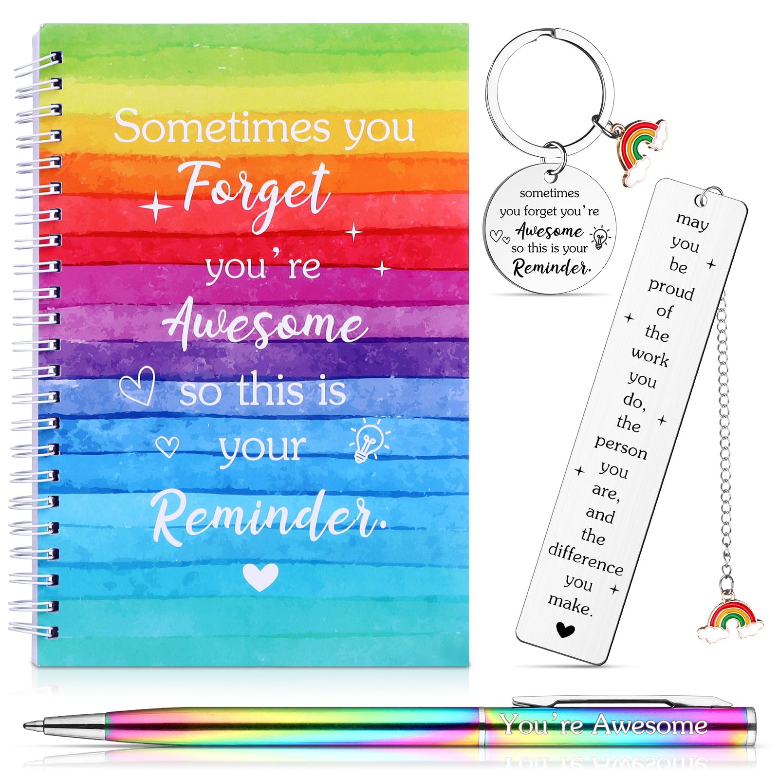 4 Pcs Thank You Inspirational Notebook Set including Rainbow Pen, Keyring and Bookmark, May You Be Proud of The Work You Do