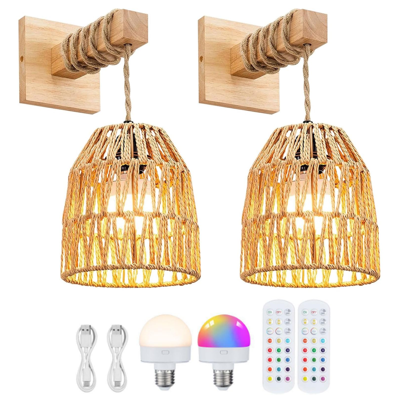 FZQSXAZU Remote Battery Operated Light Sconces Wall Decor Set of 2,Boho Sconces,Battery Rechargeable Rattan Wicker,Dimmable Wireless Lamp for Bedroom,Hallway,Entryway(Size:2pcs,Color:B)