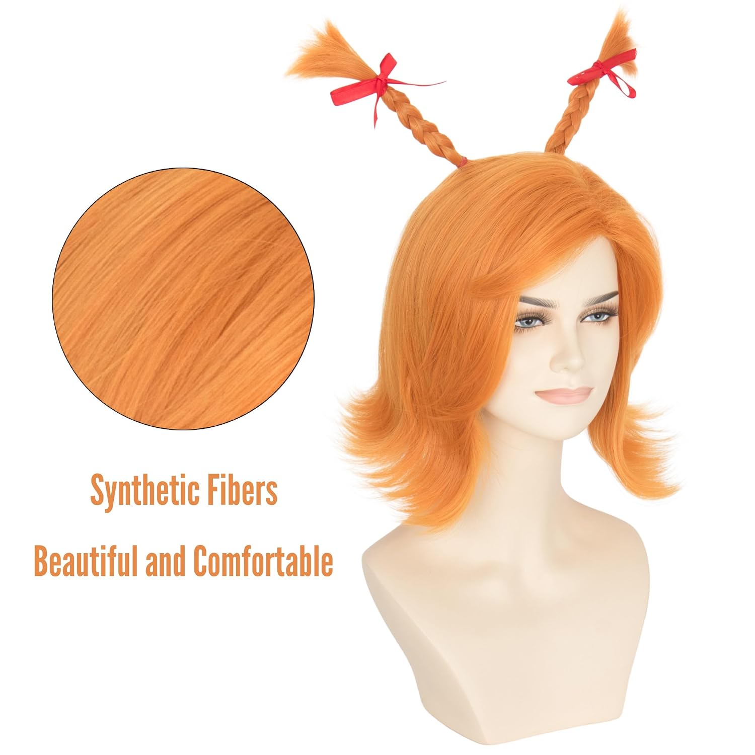 Miss U Hair Short Straight Orange Wig with 2 Standing Pigtail Braids and Red Bow for Cosplay Parties
