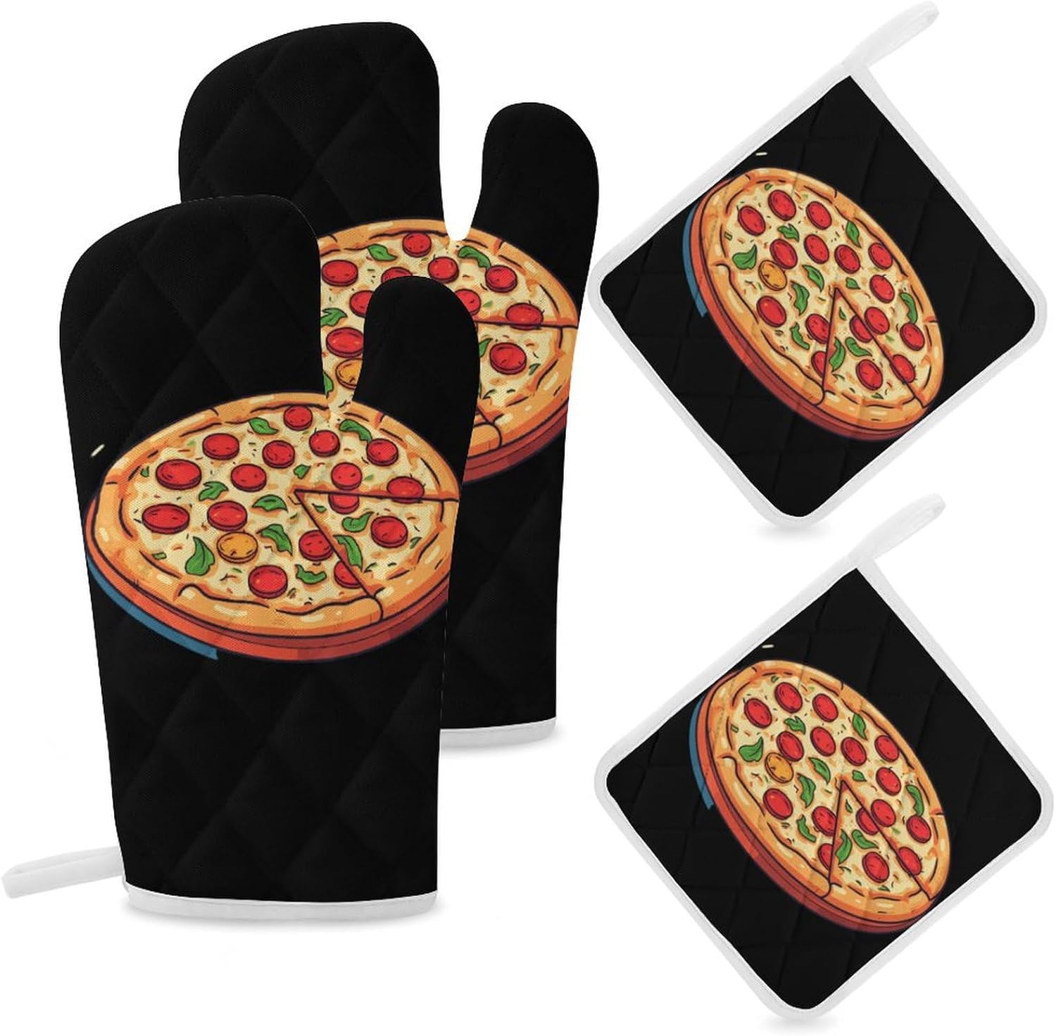 Pizza 4 Pcs Oven Mitts and Pot Holders Set High Heat Resistant Long Kitchen Oven Glove Potholders