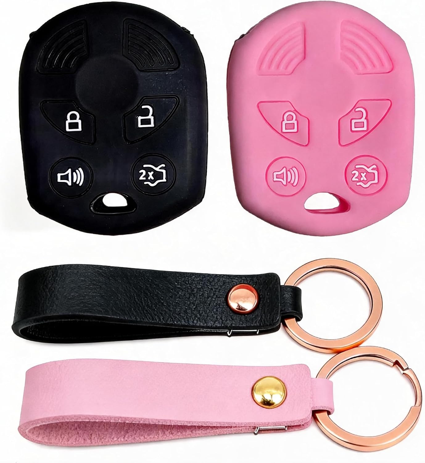 2Pcs 4 Button Silicone Key Fob Cover for C-Max Edge Escape Focus Fusion Mustang Taurus 2002-2017 OEM OUC6000022 (Black/Pink)