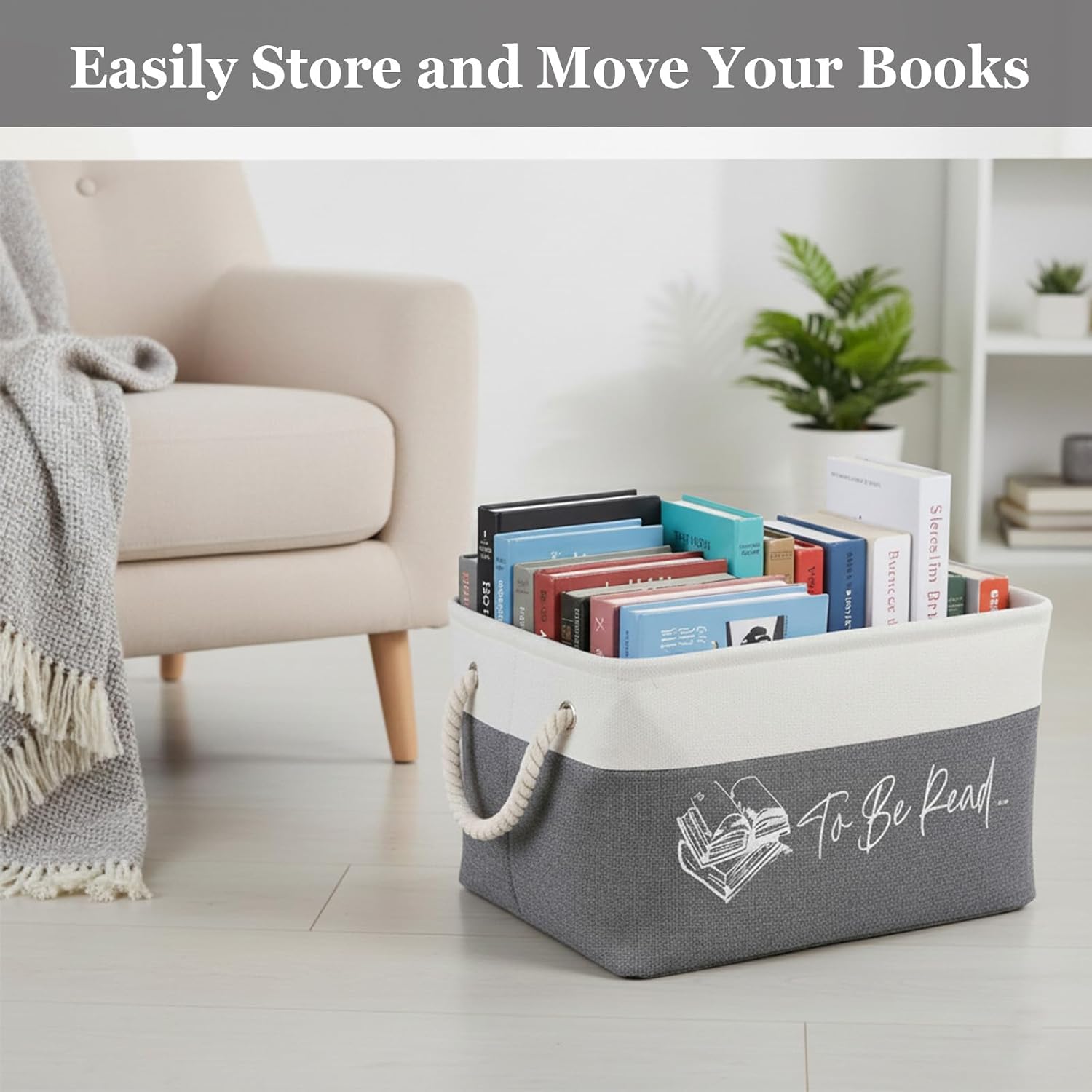 TBR Fabric Book Storage Basket with Rope Handles, Grey image 3