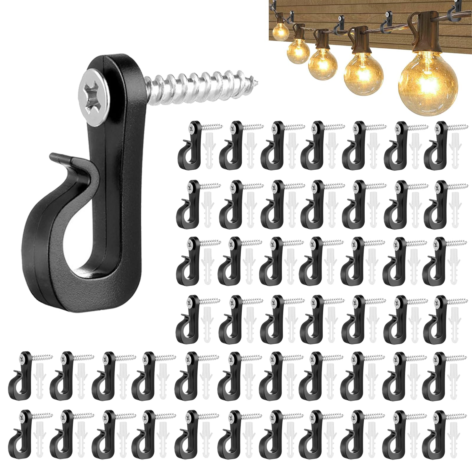 BNPHSIN 50 Pack Screw-in Hooks for Outdoor String Lights Clips Q-Hanger Hooks Heavy Duty Cable Clip Hook for Hanging String Lights Plants Indoor and Garage New Year Party