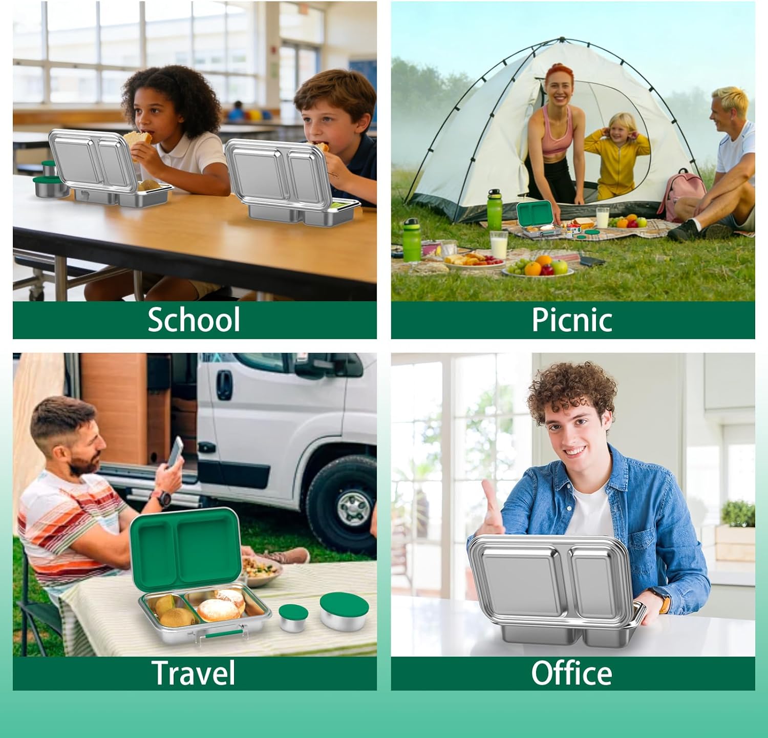 Stainless Steel Lunch Box, 22.6 oz Leakproof 2-Compartments Stainless Steel Bento Box Containers,Metal Lunchbox with 2 Container, Dishwasher Safe for Adults Men Women, Office,Outdoor, BPA-Free Green - Image 8